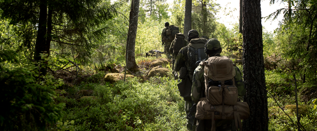 Soldater går på led genom en skog.