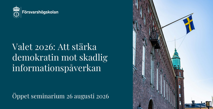 Seminariets titel samt fasad med svensk flagga. 