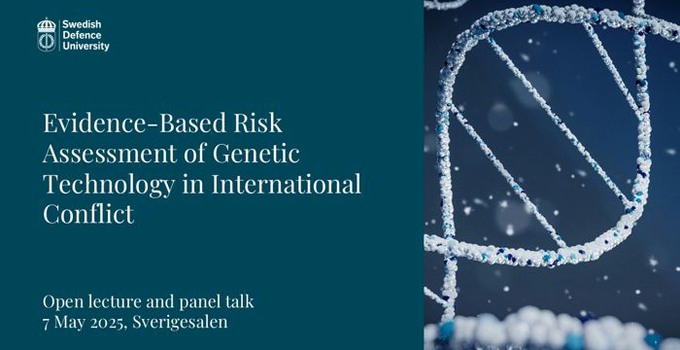 Föreläsningens titel samt bild av en DNA-sekvens mot blå bakgrund. 