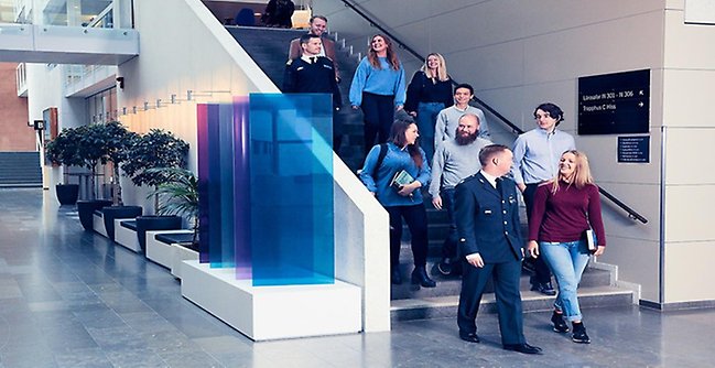 A group of people walking down a flight of stairs.