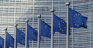 EU-flaggor på rad utanför en kontorsfasad. 