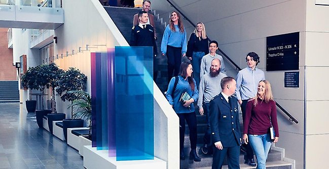 A group of people walking down a flight of stairs.