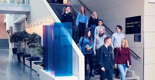 A group of people walking down a flight of stairs.